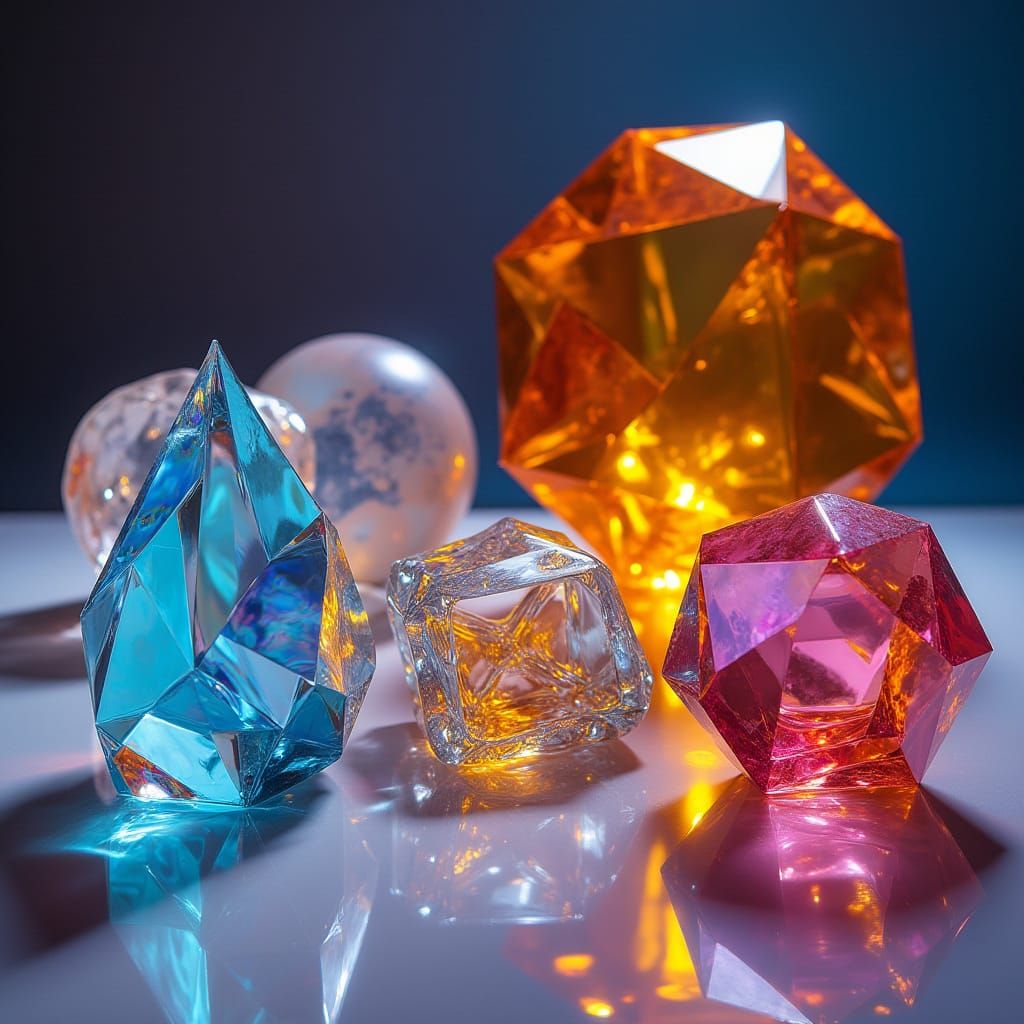 Luminous Geometric Glass Still Life in Digital Art Style