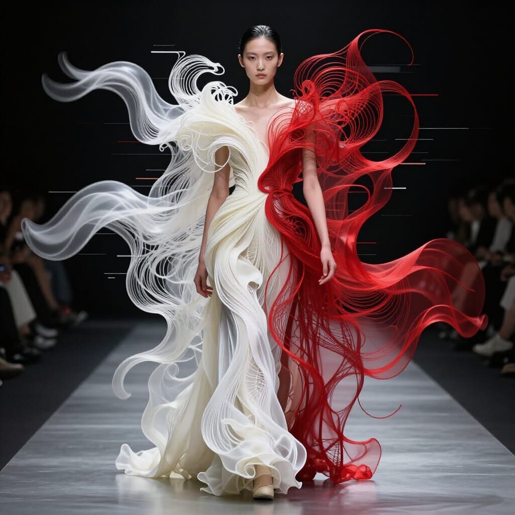 Ethereal Model in Avant-Garde Ribbon Gown