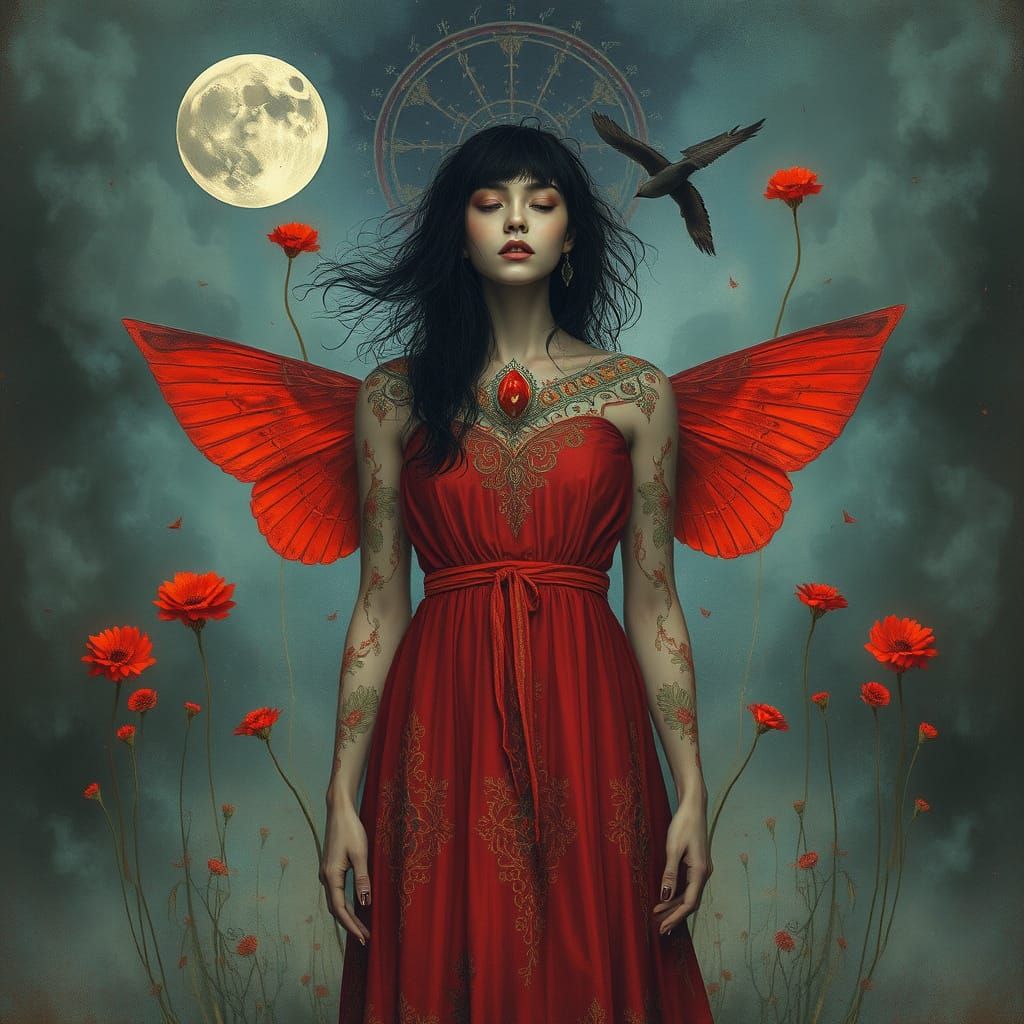 Mysterious Diviner with Blooms, Impasto Art