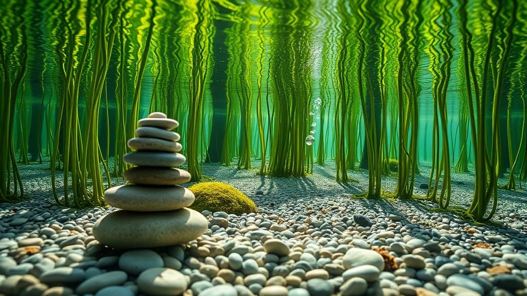 Underwater Zen Garden with Sunlight and Seaweed