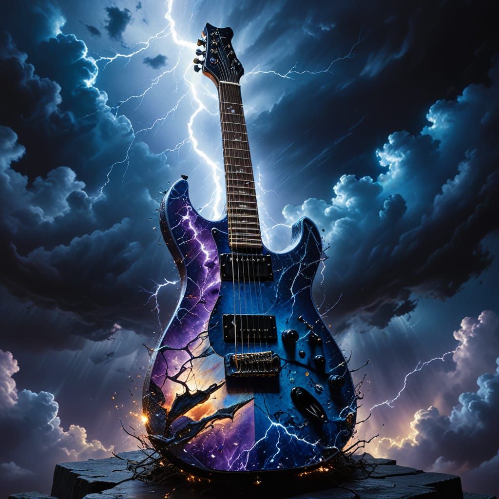Ethereal Guitar in Stormy Sky, Surreal Oil Painting
