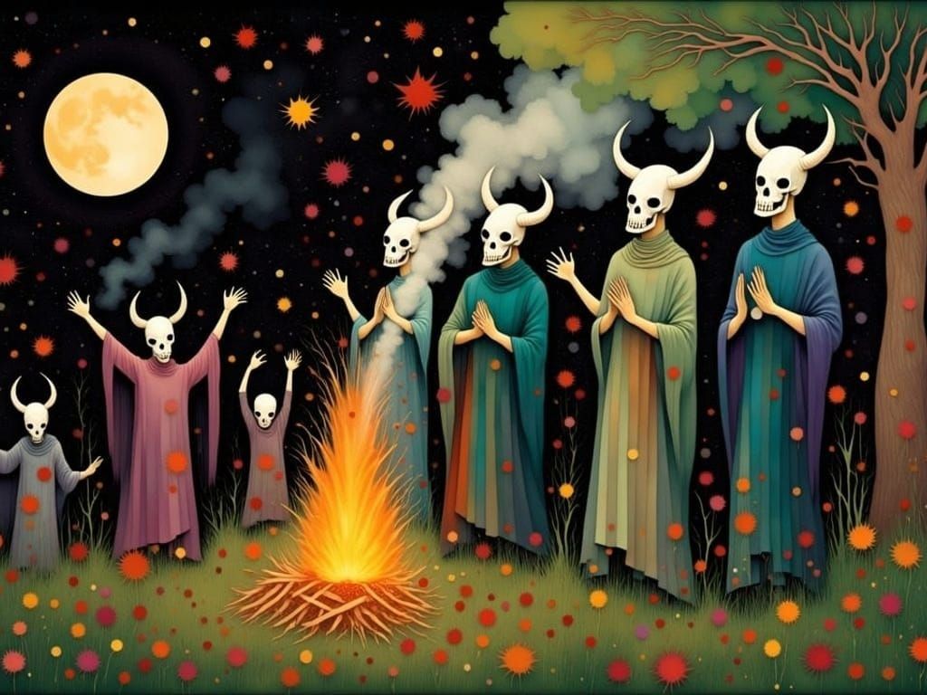 Mystical Druids Praying to Moon in Pastel Colors