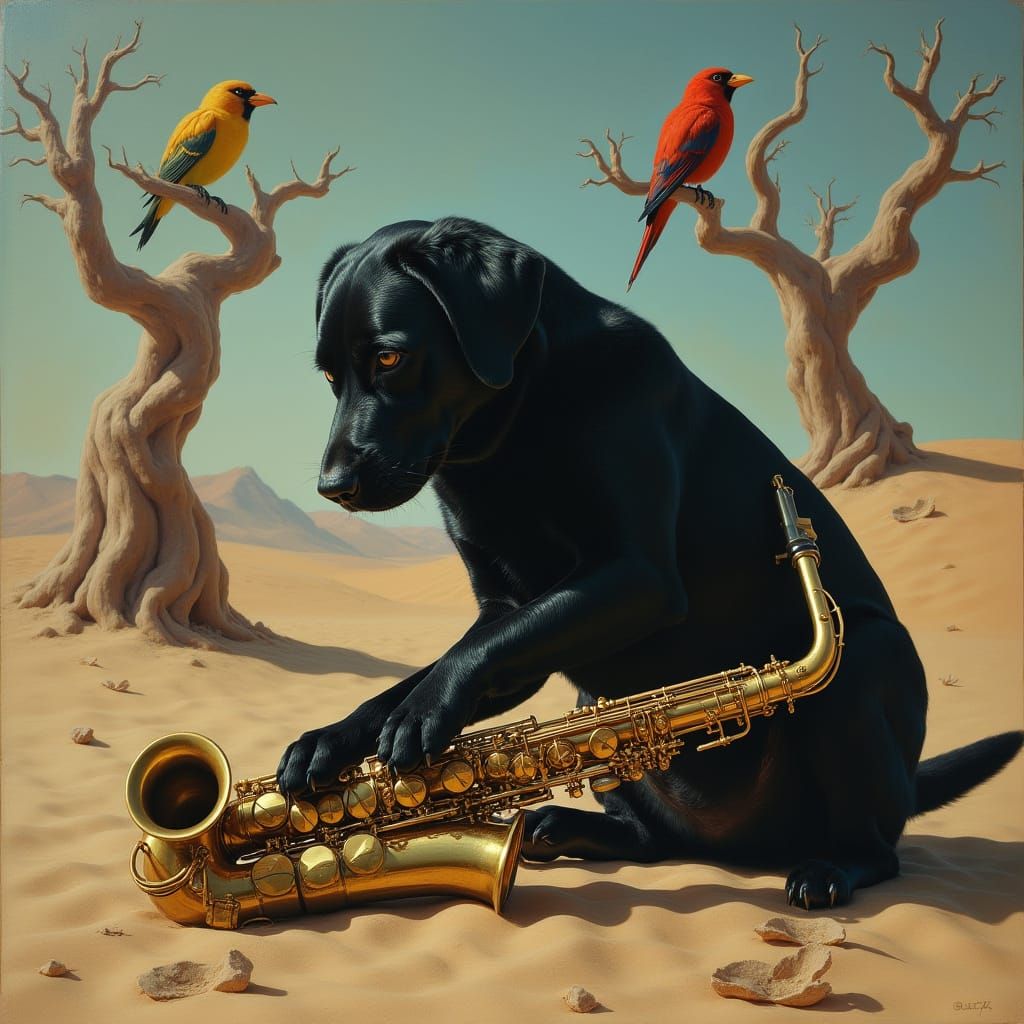 Surreal Desert Dog Contemplates Saxophone in Dreamlike Lands...