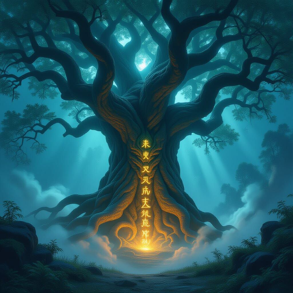 Ancient Mystical Tree With Glowing Runes and Moonlight