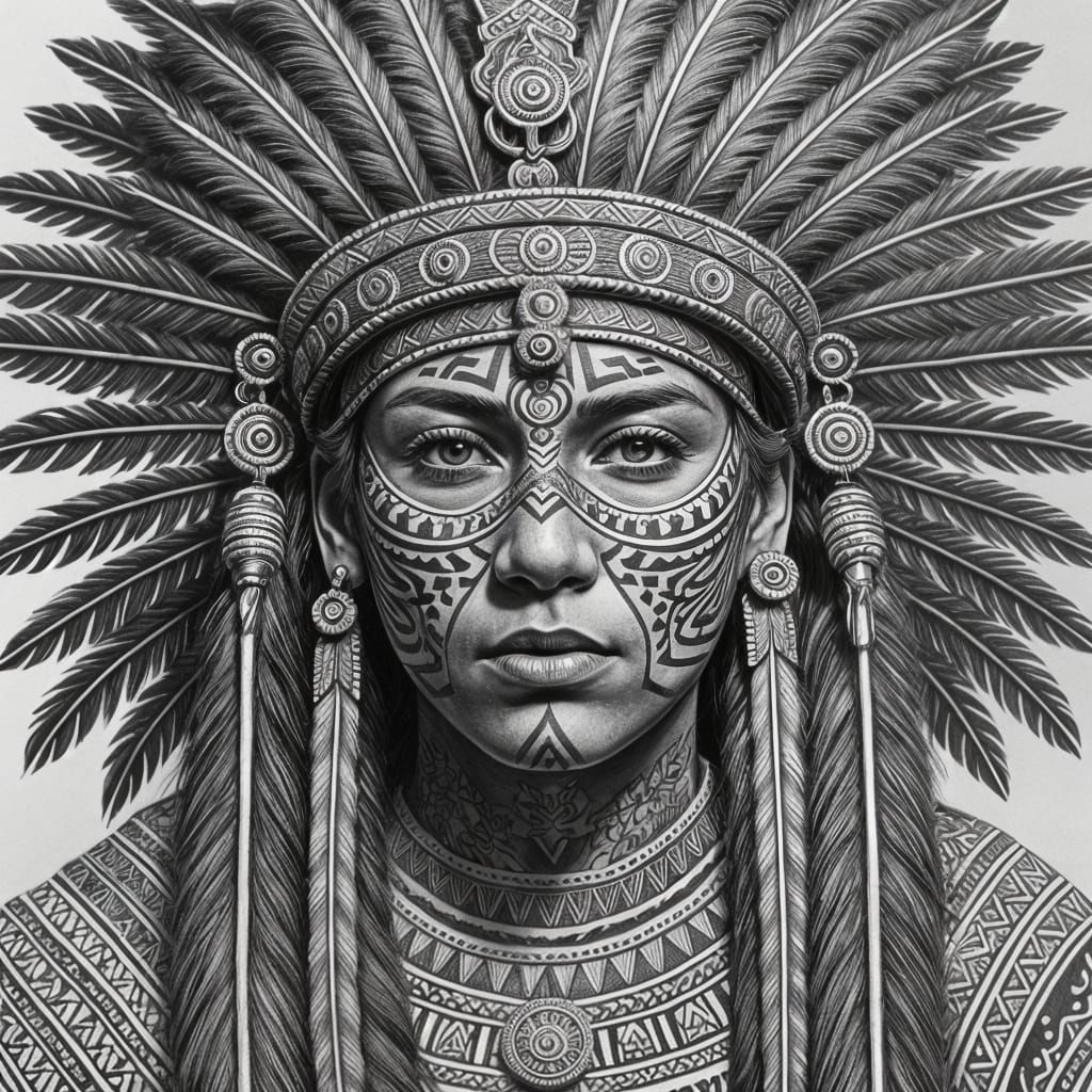 Aztec Indian Headdress Tattoo Design in Charcoal Style
