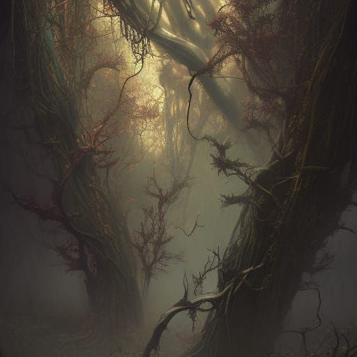 Insectile Forest Queen in a Surreal Horror Landscape