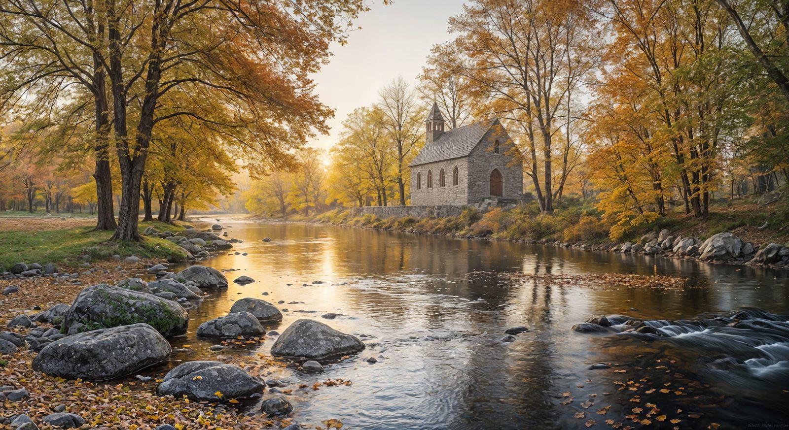 Peaceful Autumn River Landscape at Sunrise