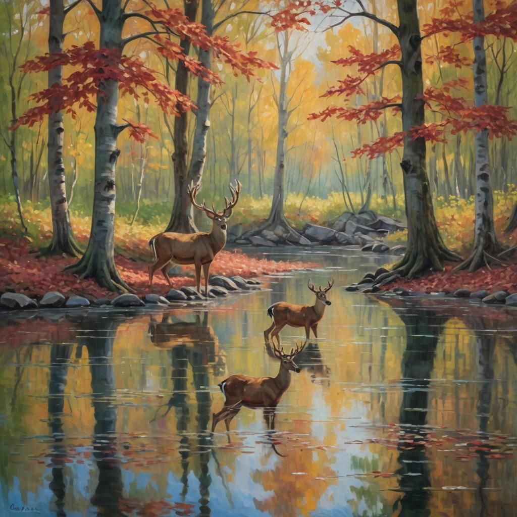 Deer Family at Pond in Impressionist Oil Painting