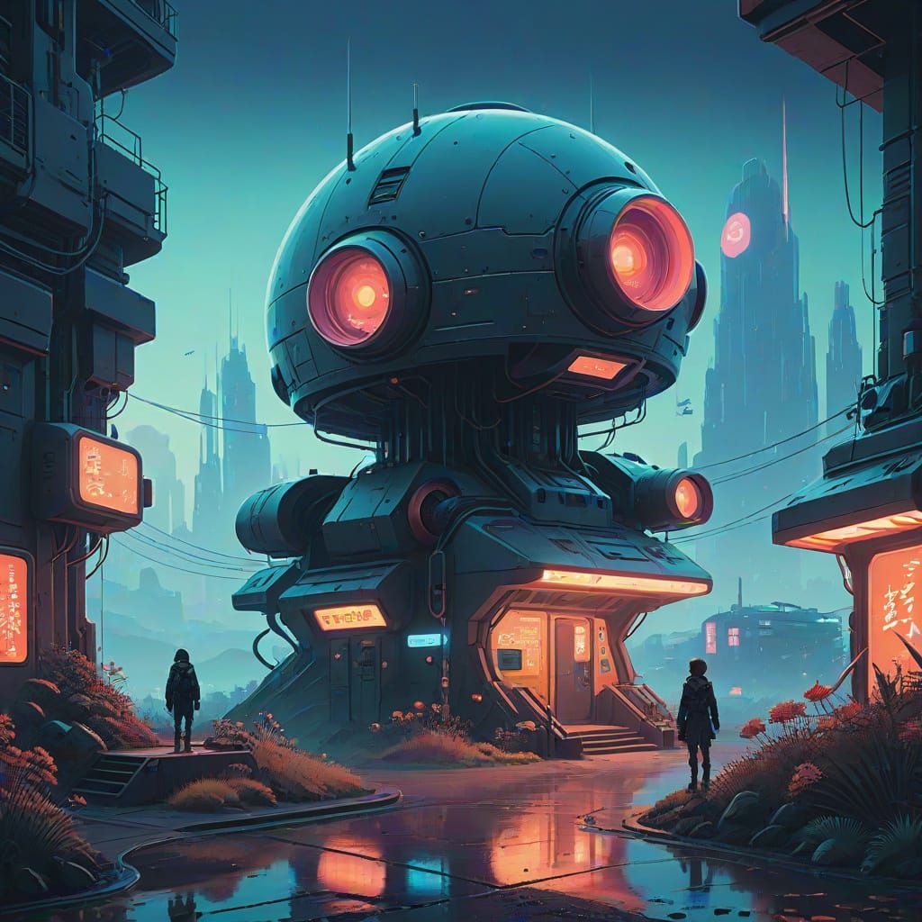 Chrome Automaton Tending Alien Garden in Cyberpunk Style