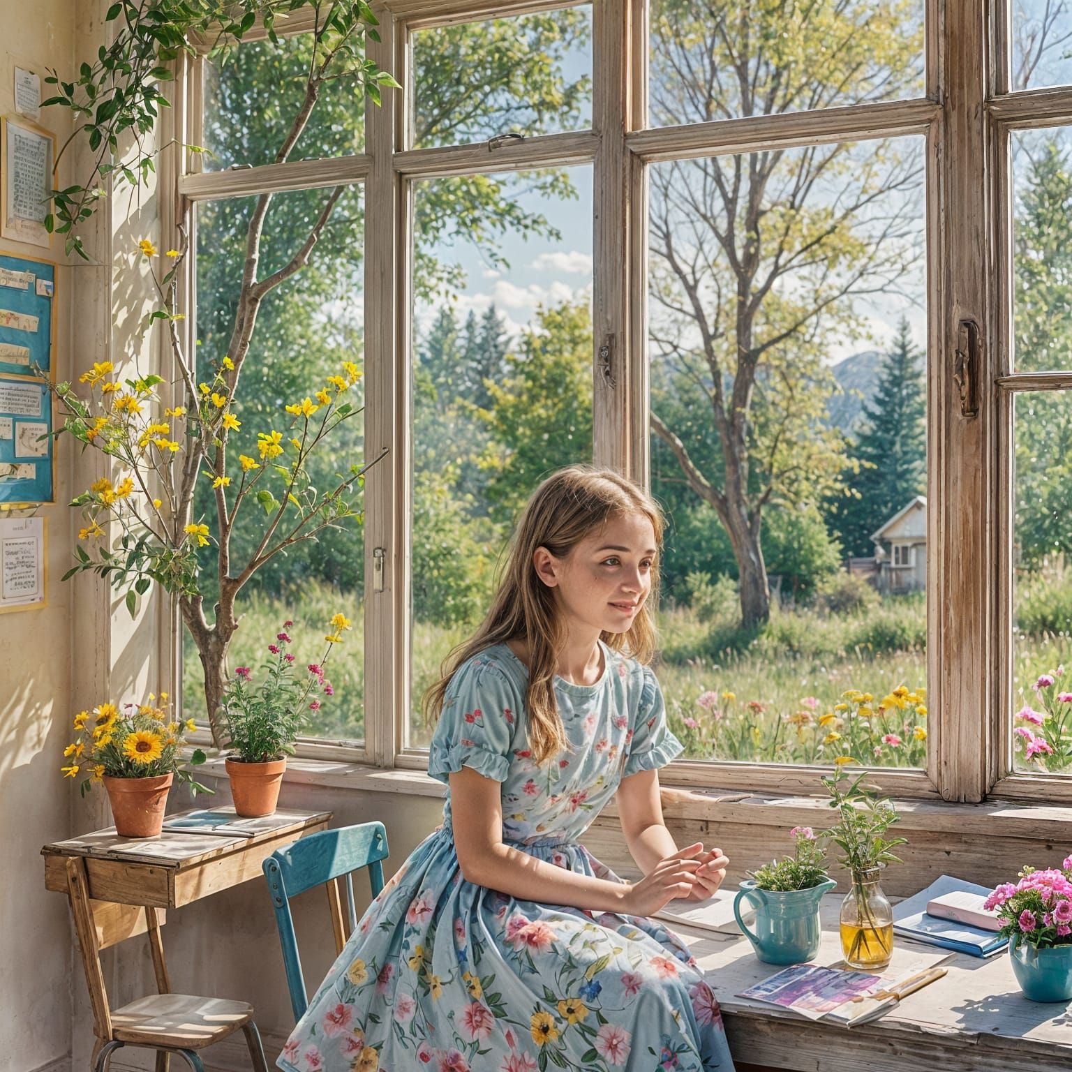 Girl Gazing at Sunny Meadow from Classroom