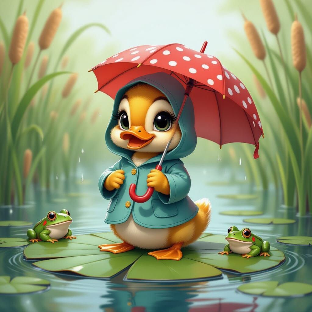 Duckling in Raincoat on Lily Pad, Children's Book Art