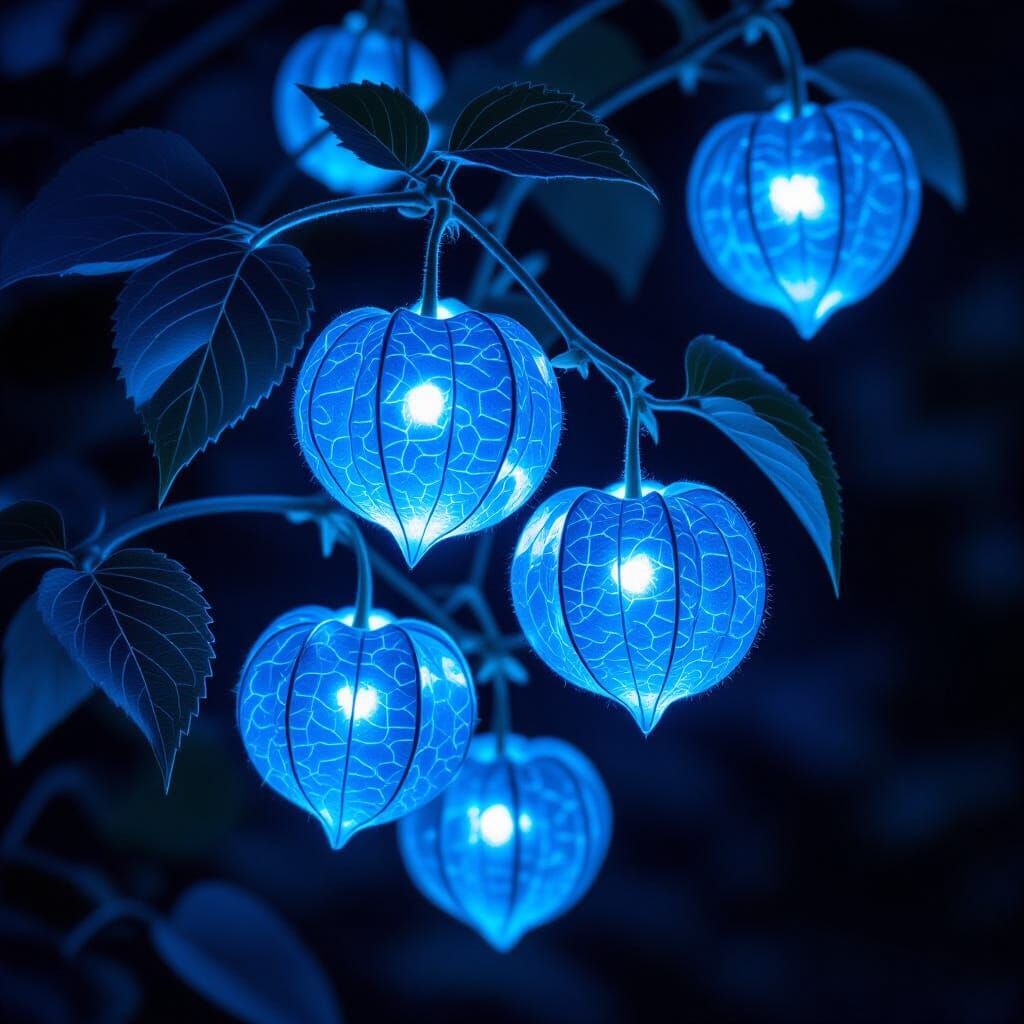 Gothic Macro Photo of Luminous Blue Physalis in Moonlight