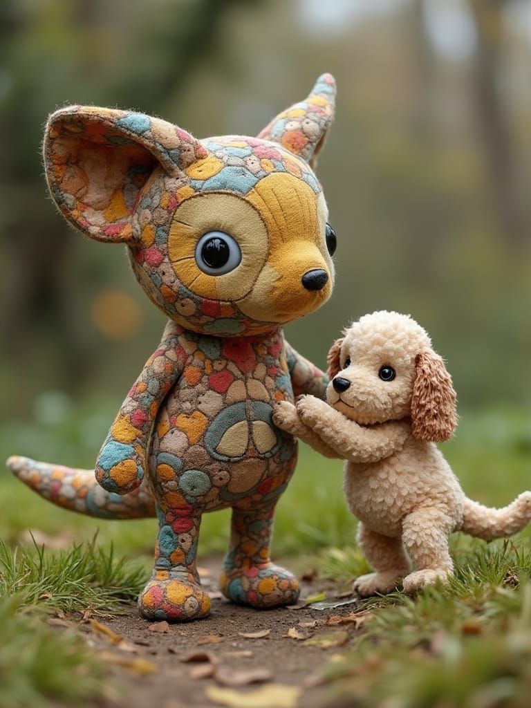 Playful Plush Creature and Puppy in Batik Style