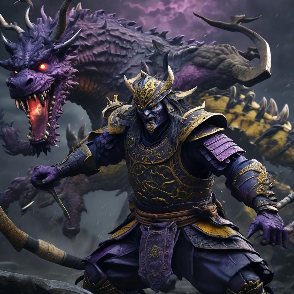 Samurai and Monster Clash in Dark Fantasy Art