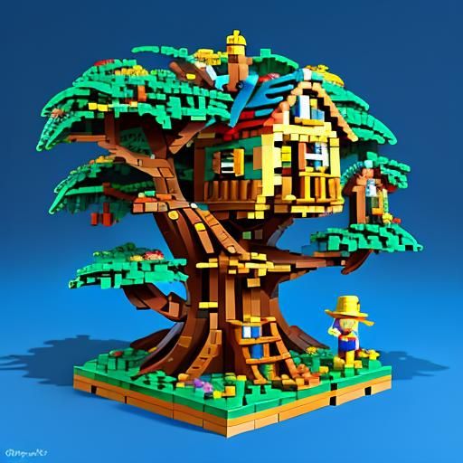 Disney Pixar 3D Lego style person, building a Lego treehouse, spelling the words “Ring the Bell!” In Legos.