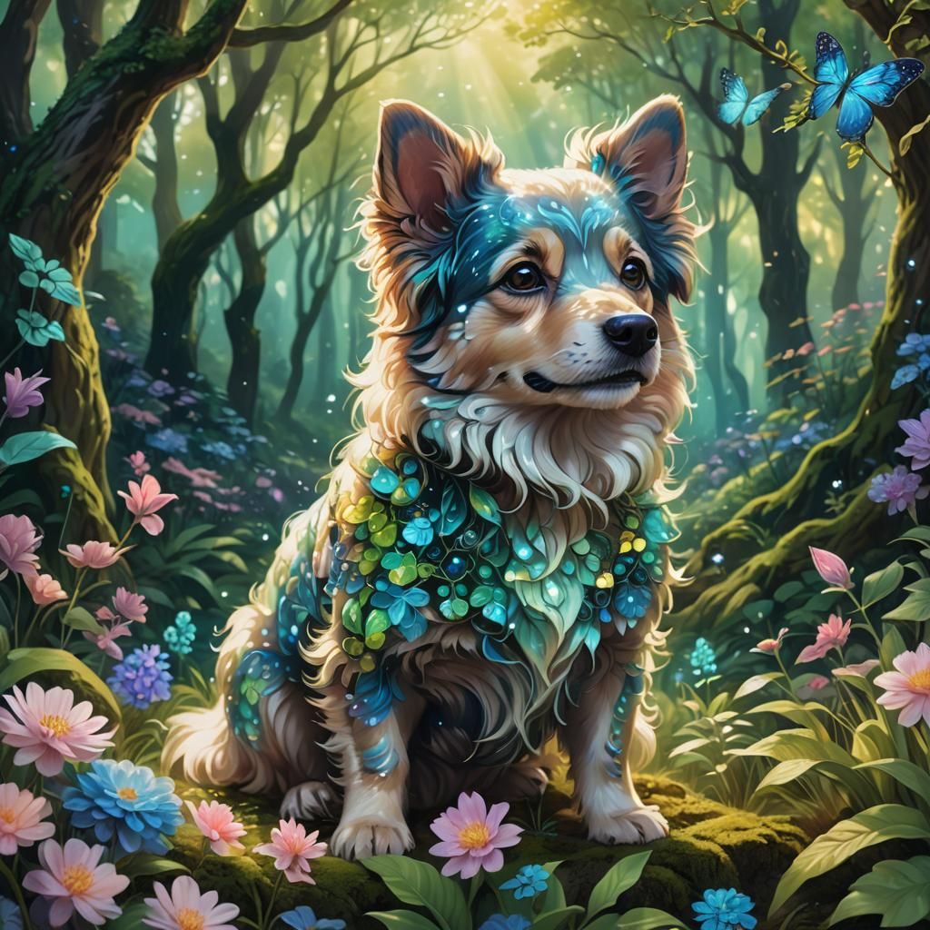 Cute Dog in Whimsical Forest: Fantasy Concept Art