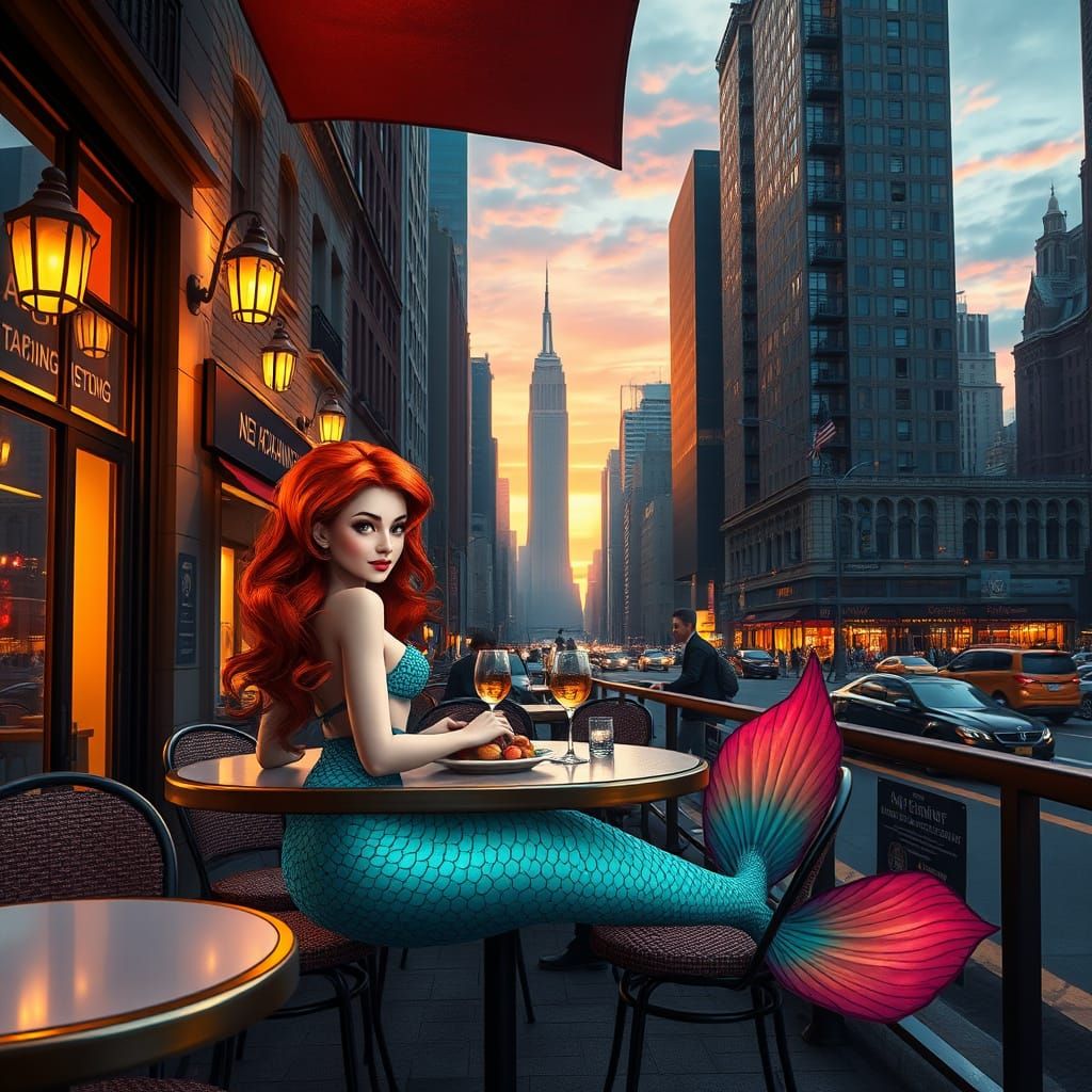 Vibrant Mermaid Sits at NYC Cafe in Sunset Glow