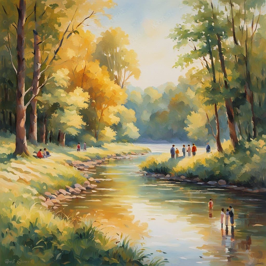 People and Animals Gather Peacefully by River: Impressionist...