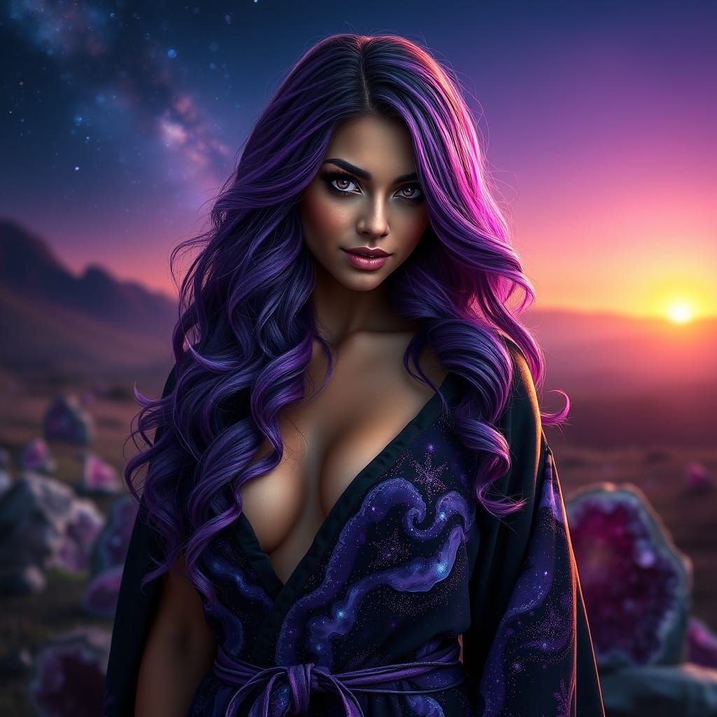 Maiden in a Purple Sunrise Amidst Amethyst Geodes