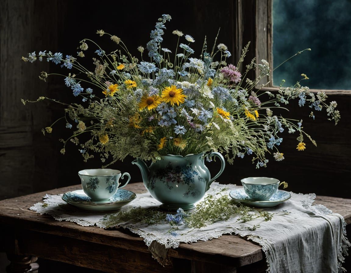 Victorian-Style Bouquet in a Chipped Cup, Rendered in Deep, ...