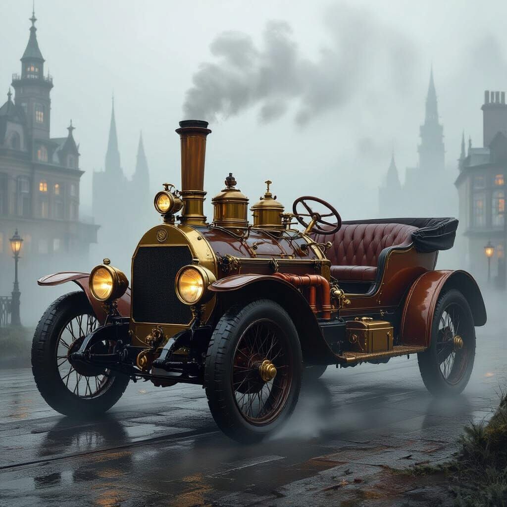 Vintage Steam-Powered Automobile in Victorian Cityscape