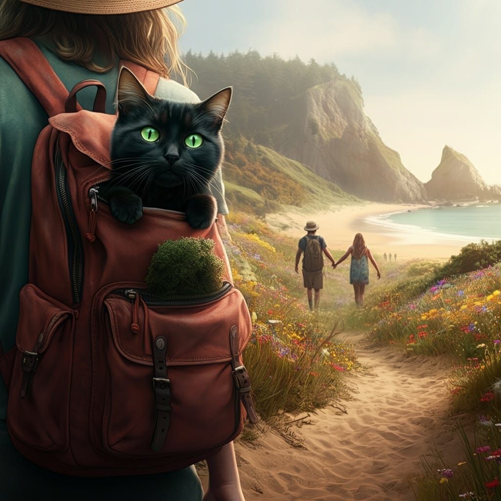 Whimsical Cat Spies from Backpack Pocket in Sunny Forest Lan...