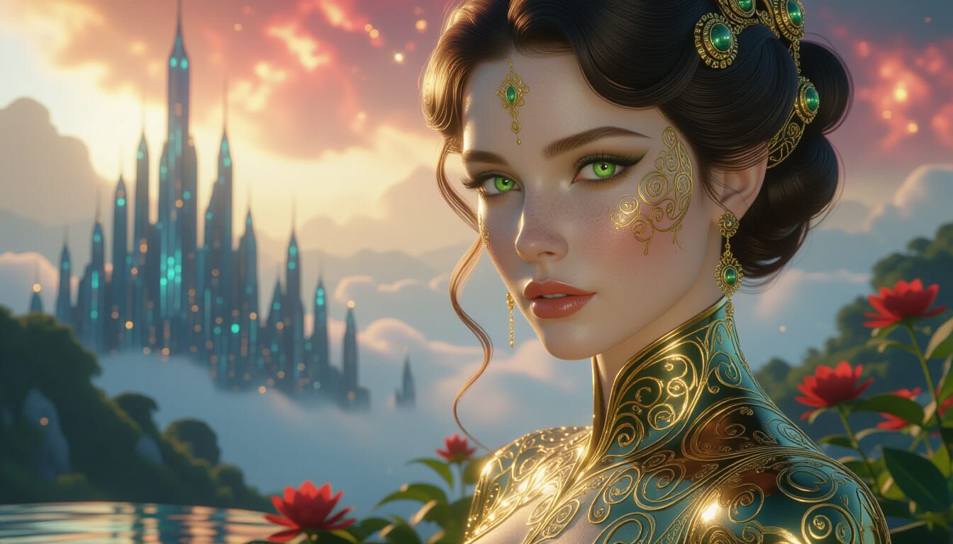 Ethereal Woman Portrait in Ornate Klimt Style on Alien Plane...