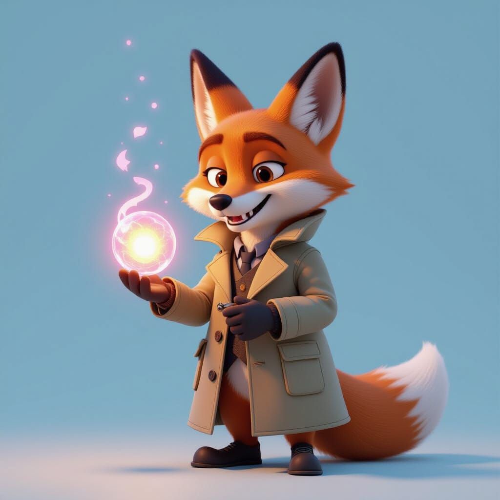 Whimsical Fox Detective Investigates Magical Artifact