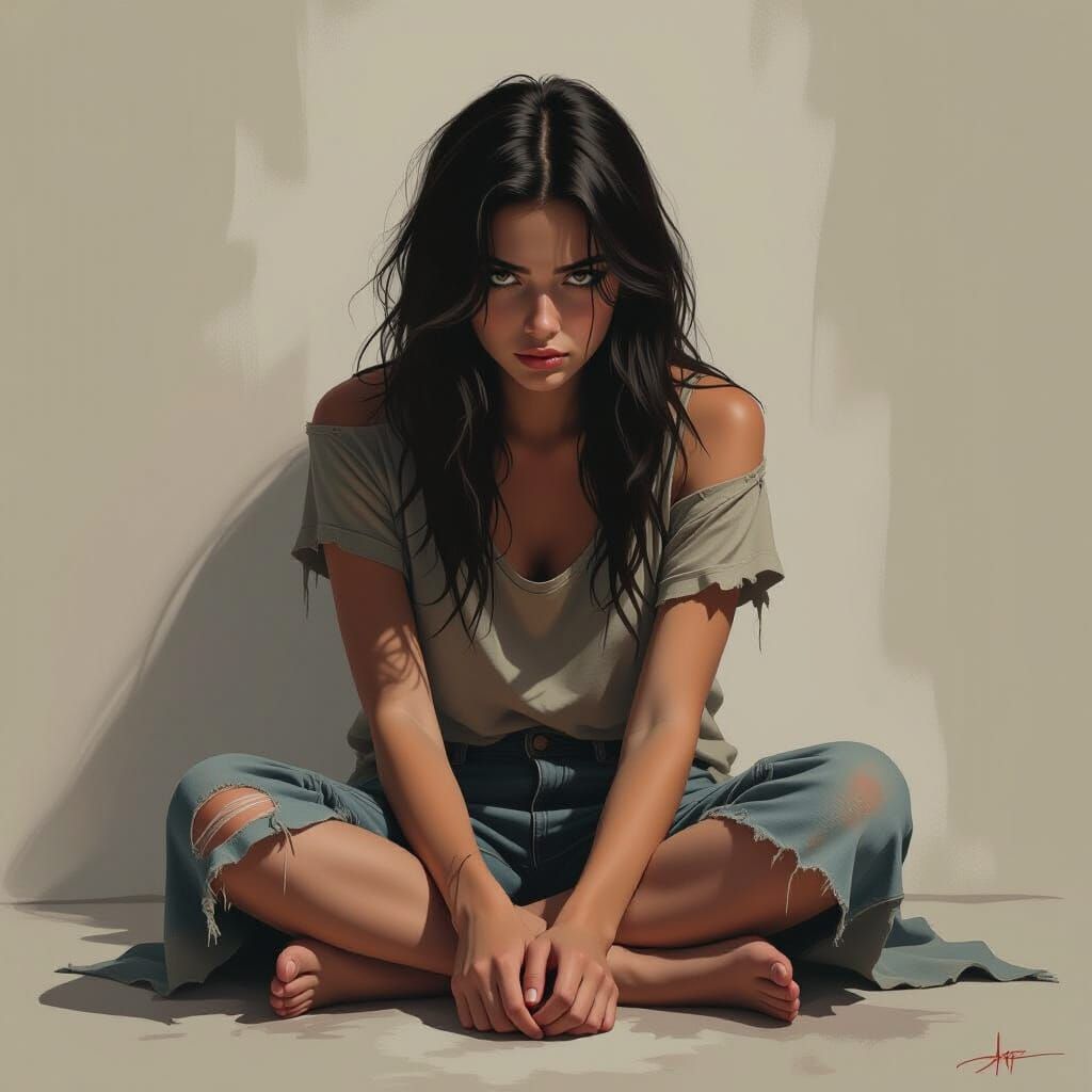 Melancholy Woman in Shadows: Digital Art