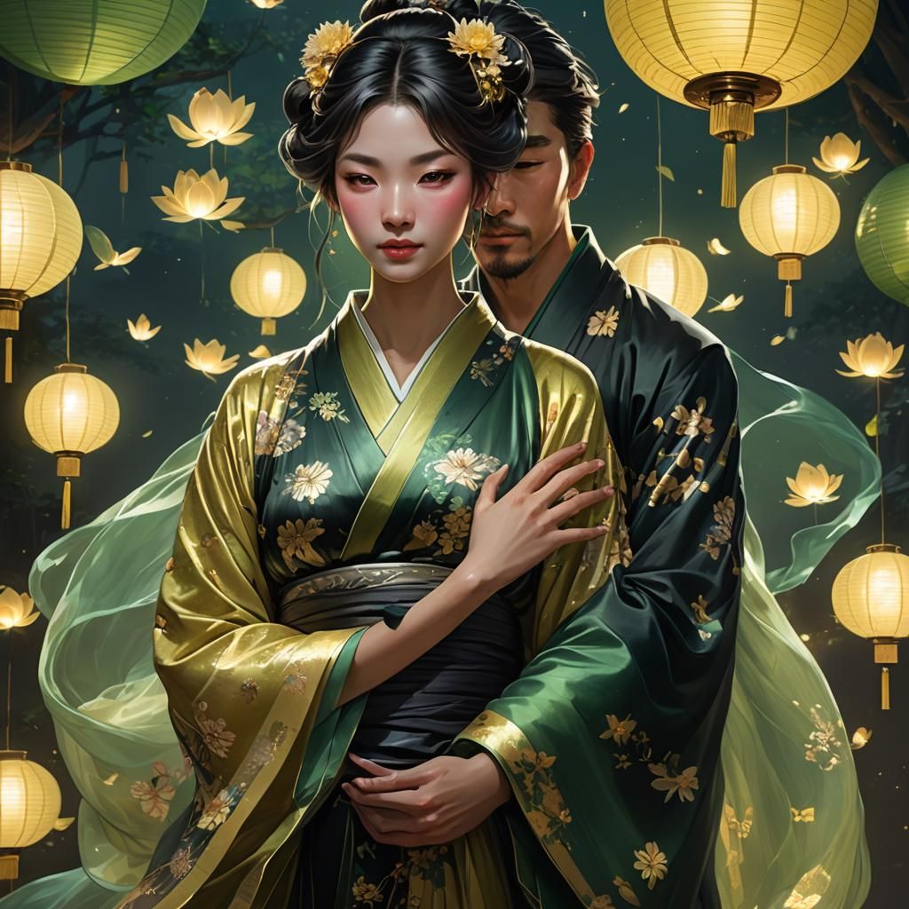 Embracing Couple in Kimono with Moonlight and Lanterns