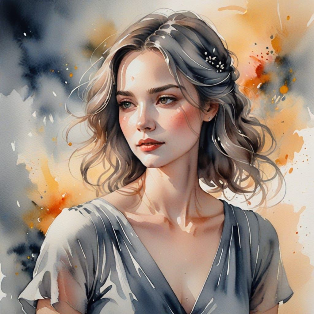Woman in Gray Dress: Watercolor Pastel Art