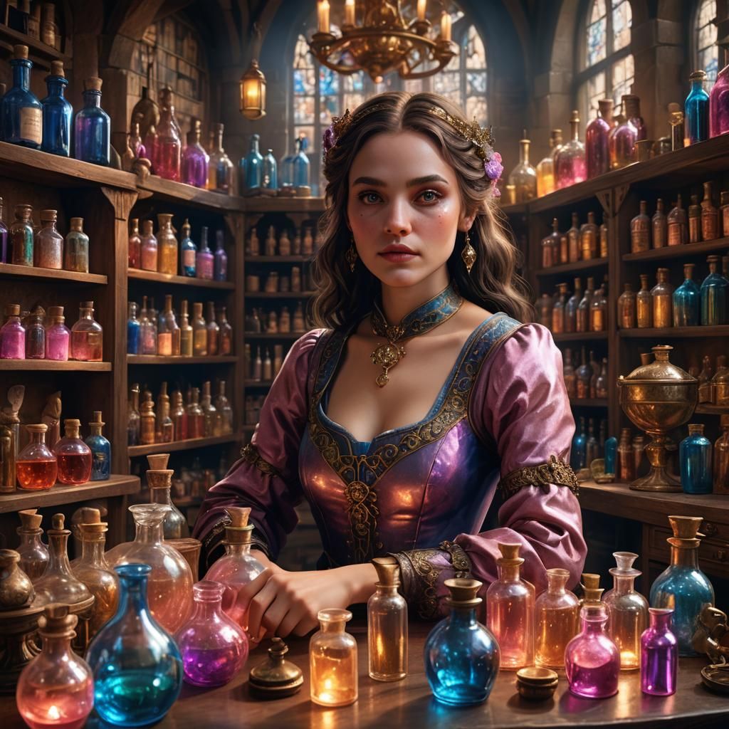 Medieval Apothecary with Glowing Potions in Digital Art