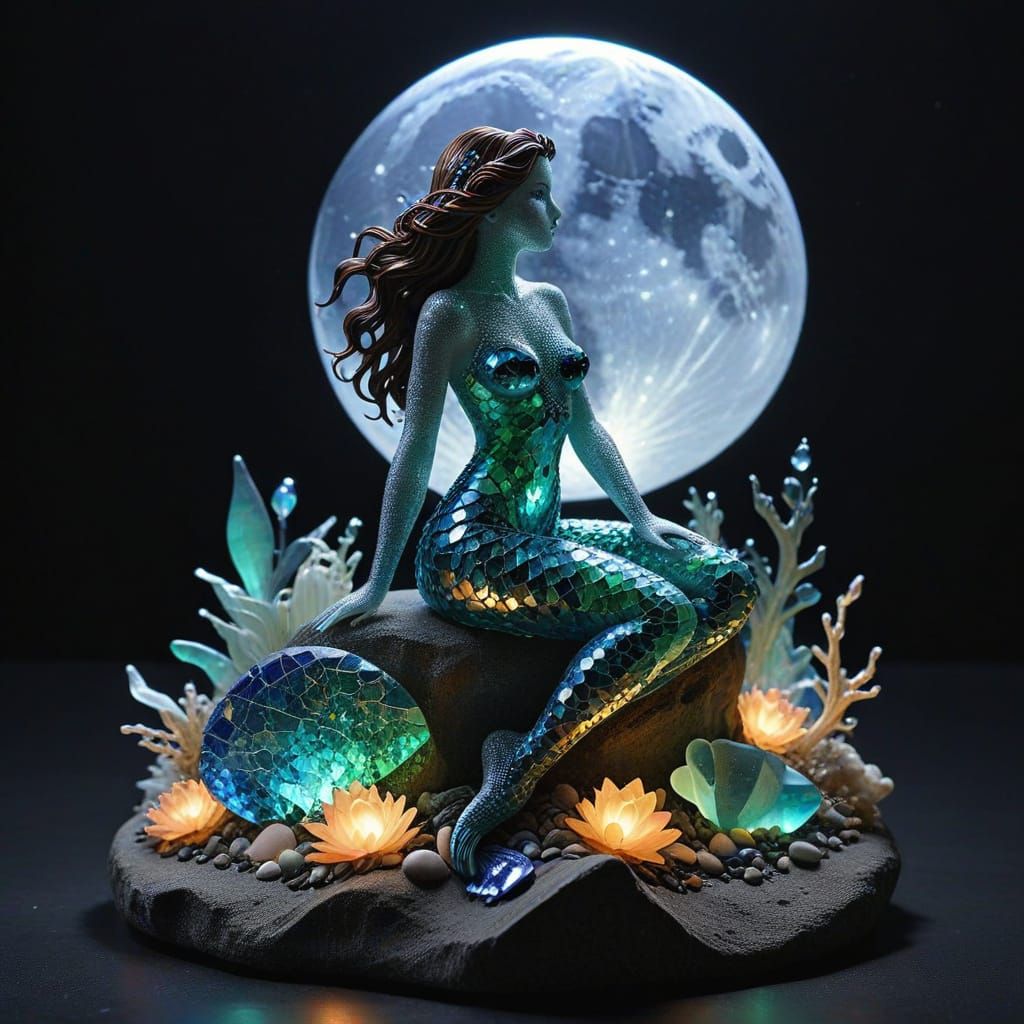 Sea glass sculpture. A mythical mermaid sitting on a large b...