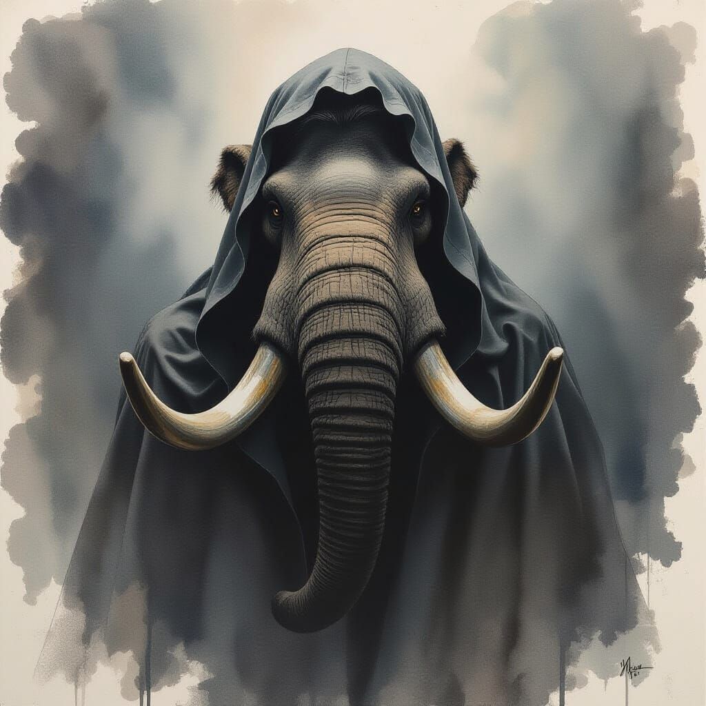 Mastodon Portrait in Rembrandt Lighting and Watercolor