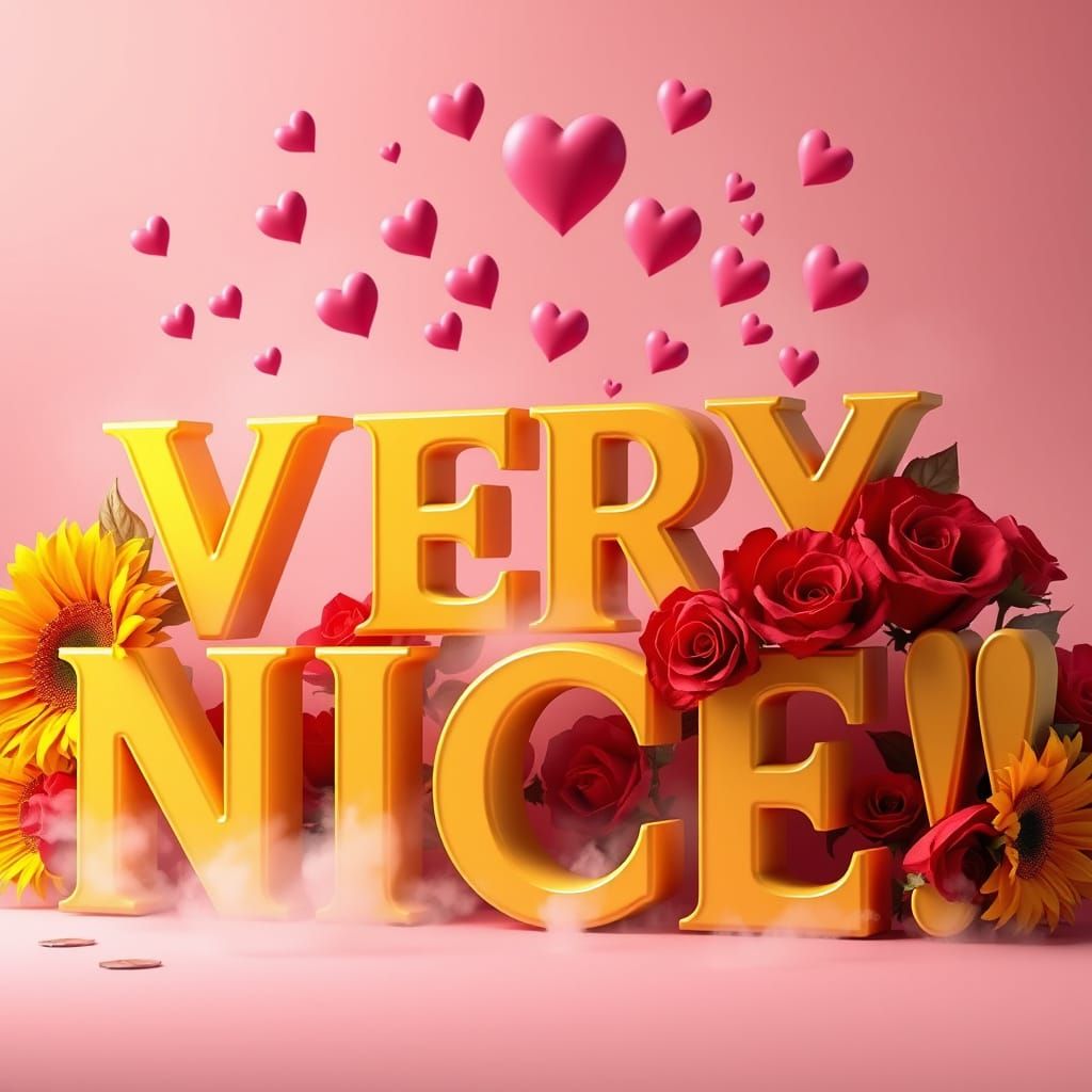 Elegant 3D Art Deco Scene with Sunflowers, Roses, and Hearts