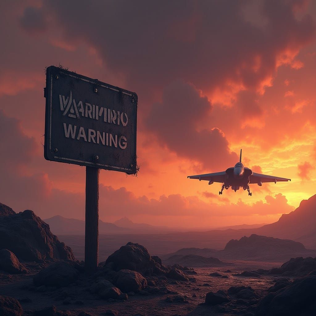 Dramatic Warning Sign with Ominous Rafale Fighter Jet in Dar...
