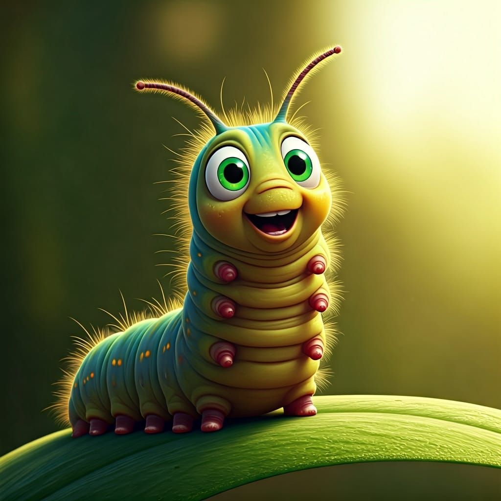 Excited Caterpillar Close-Up in Disney Pixar Style