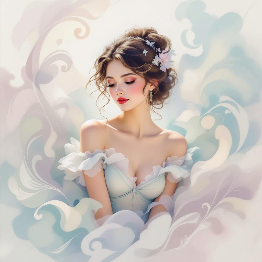 Dreamlike Woman in Pastel Mist, Whimsical Digital Art