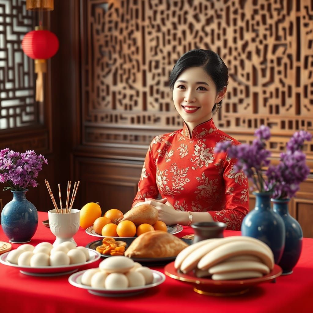 Chinese Woman at Worship Table in Anime Style