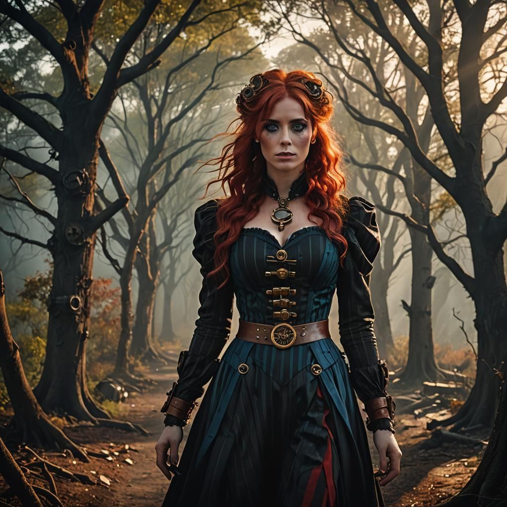 Steampunk Redhead in Black Forest: Matte Painting