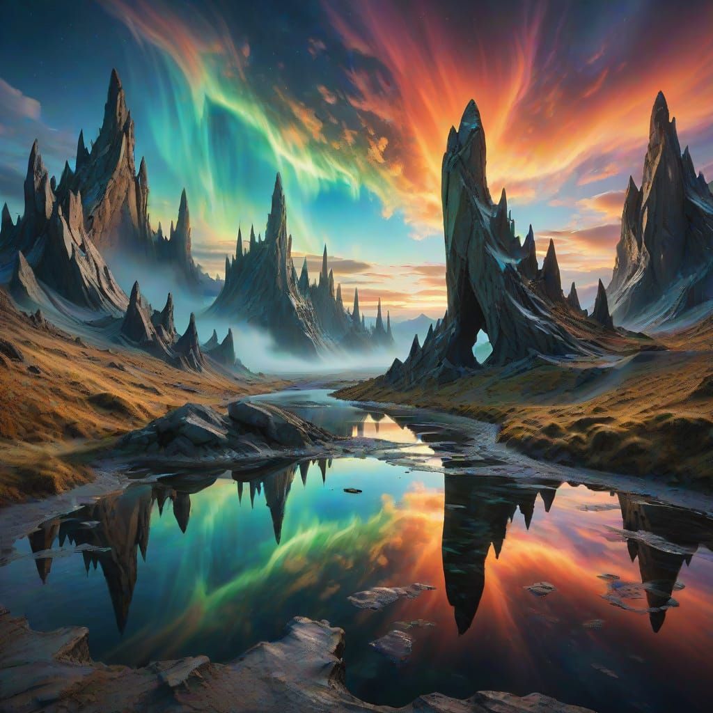 Hobbit and Dragon in Surreal Mirror Landscape
