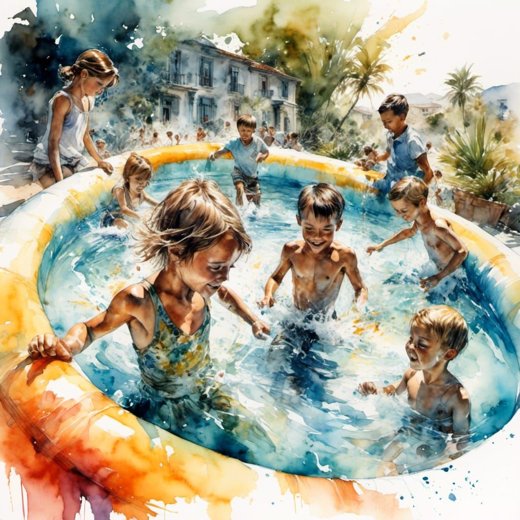 Children's Pool Party on a Summer Day: Watercolor Style