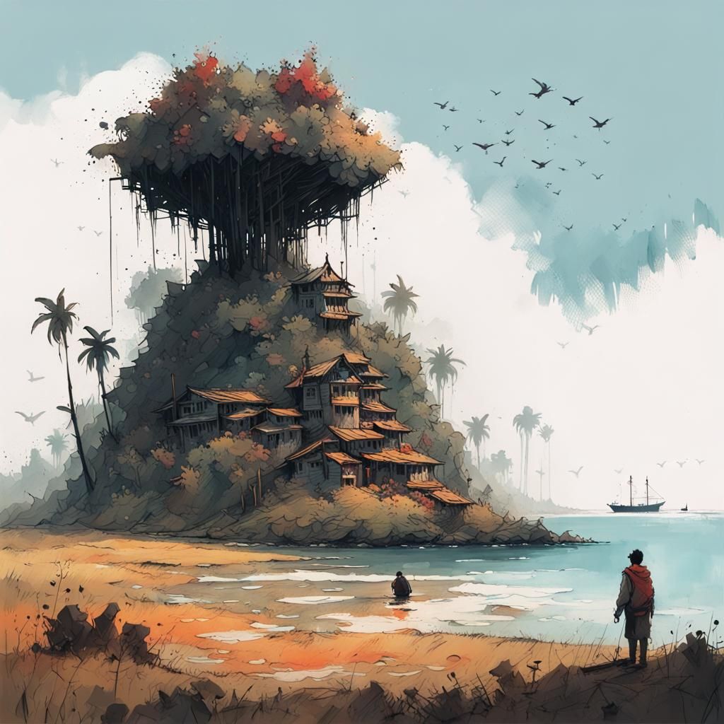 Idyllic Island: Intricate Ink Illustration with Indian Influ...