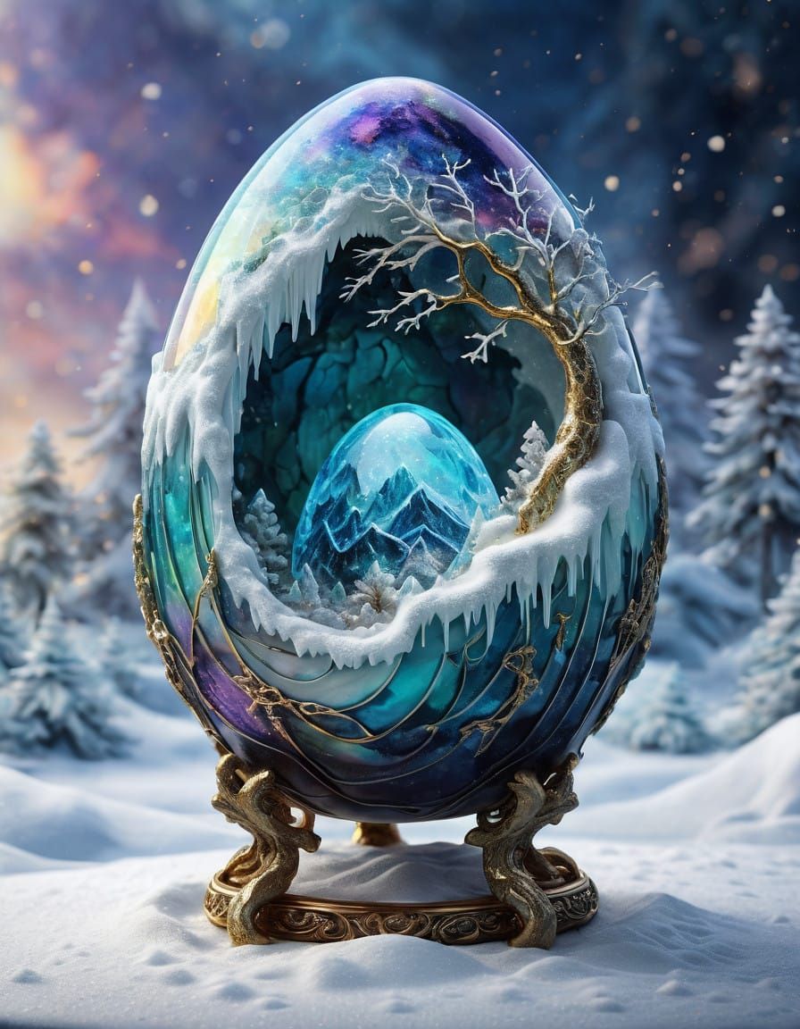 Surreal Dragon Egg in Winter Wonderland Scene