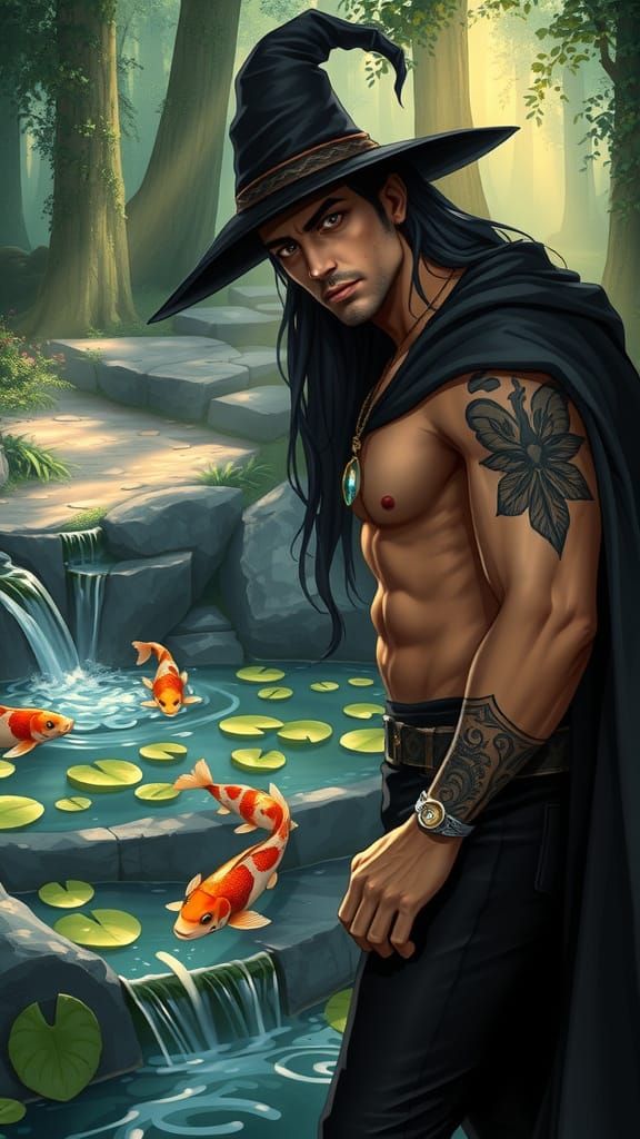Handsome Male Witch Stares into a Koi Fish Pond, Surrounded ...