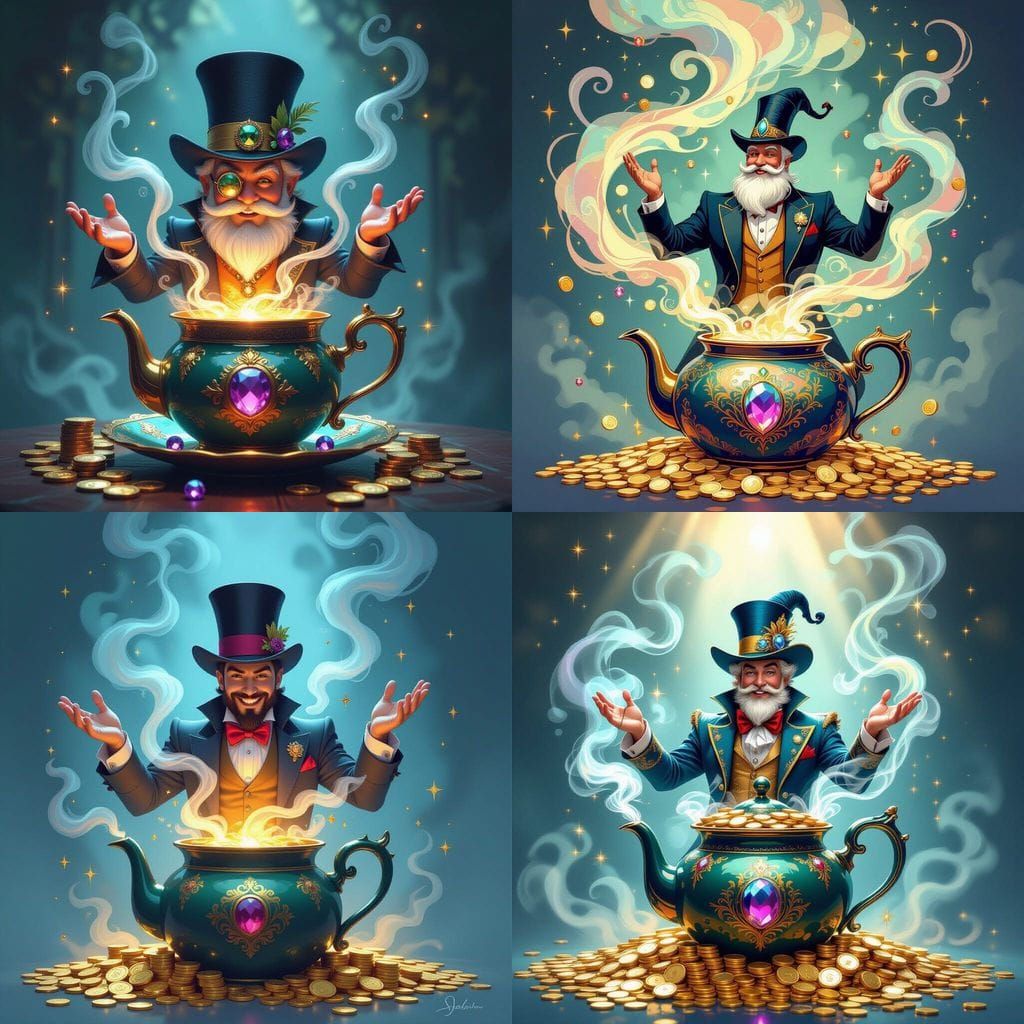 British Genie Emerges from Teapot with Gems and Gold