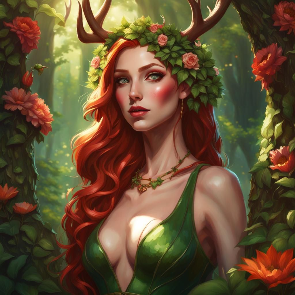 Enchanted Elf Portrait in Forest, Digital Art