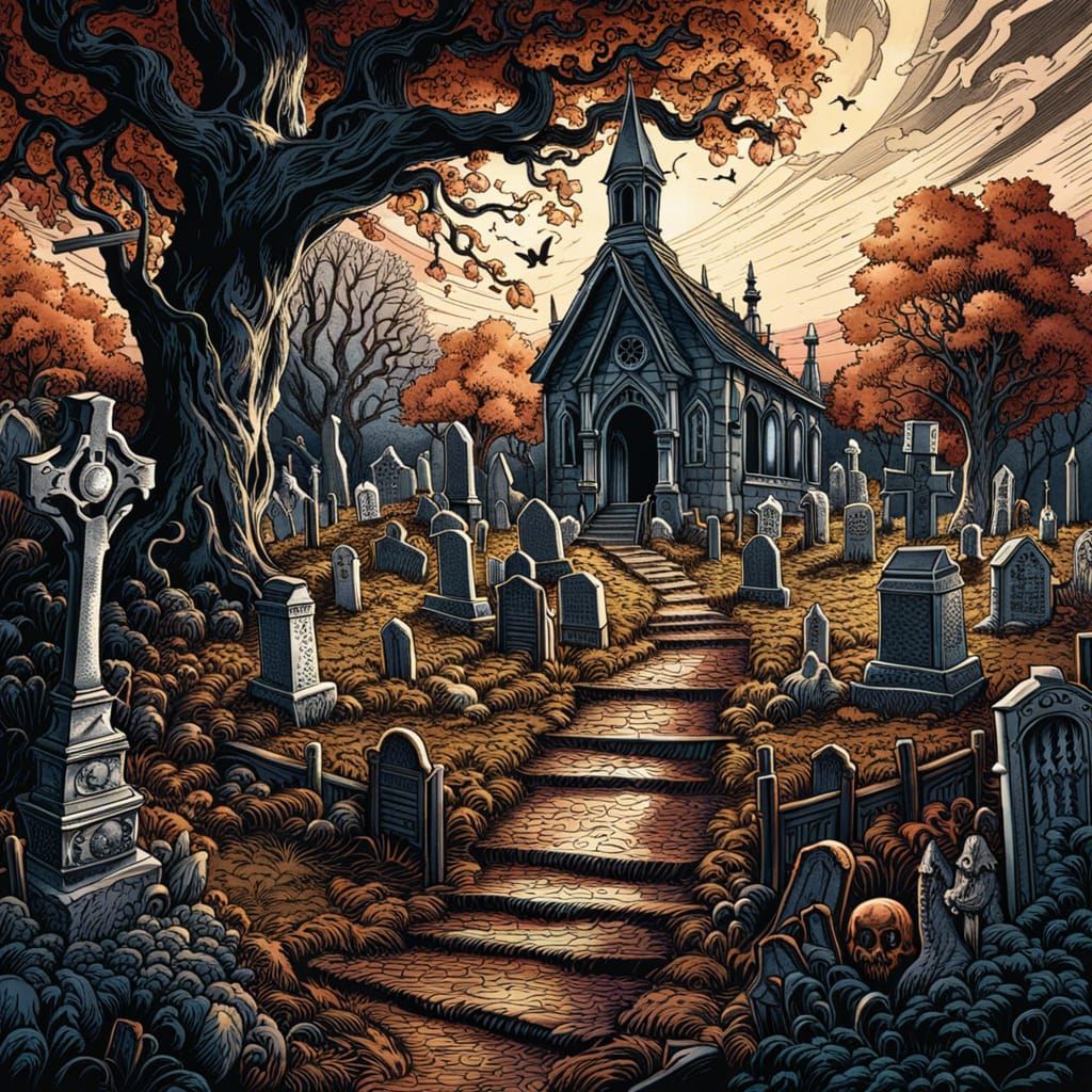 Haunted Graveyard: Elaborate Ink Illustration in Sharp Focus