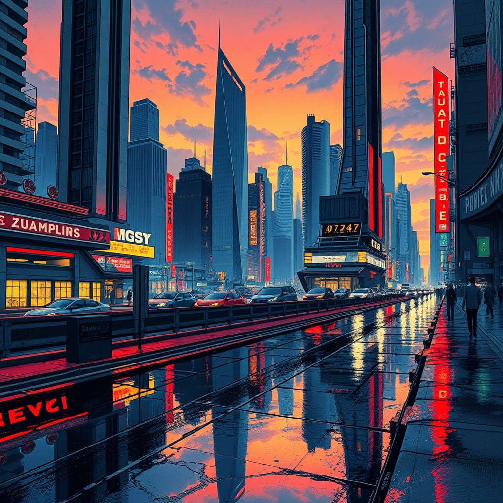 Cyberpunk Cityscape at Dusk in Vibrant High-Contrast Colors