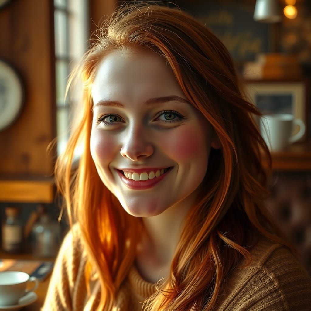 Radiant Copper-Haired Woman in Warm Coffee Shop Ambiance